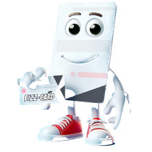 BIZZ-CARD mascot holding a business card